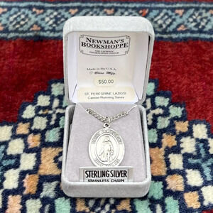 St. Peregrine Sterling Silver Oval Religious Medal Necklace 20” Curb Chain